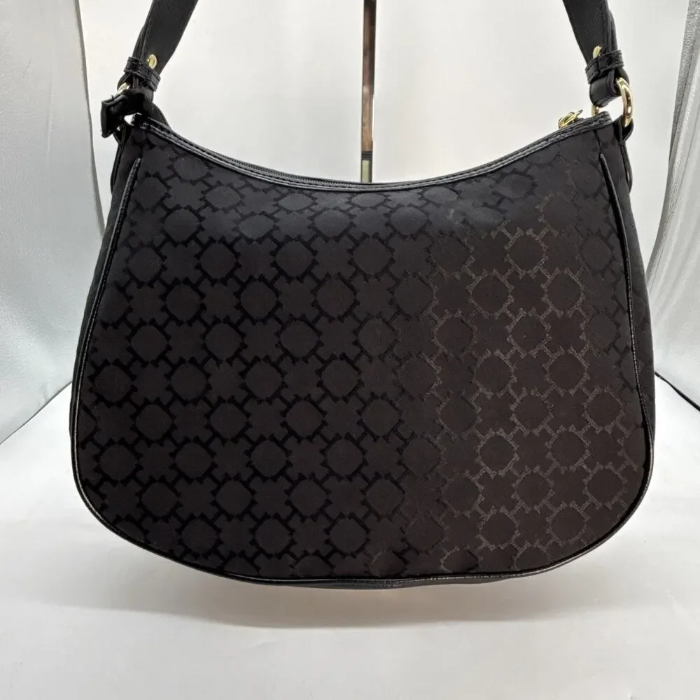 Tommy Hilfiger Black Shoulder Bag Gold Hardware Logo Stud Stripe Accent Snap Zip